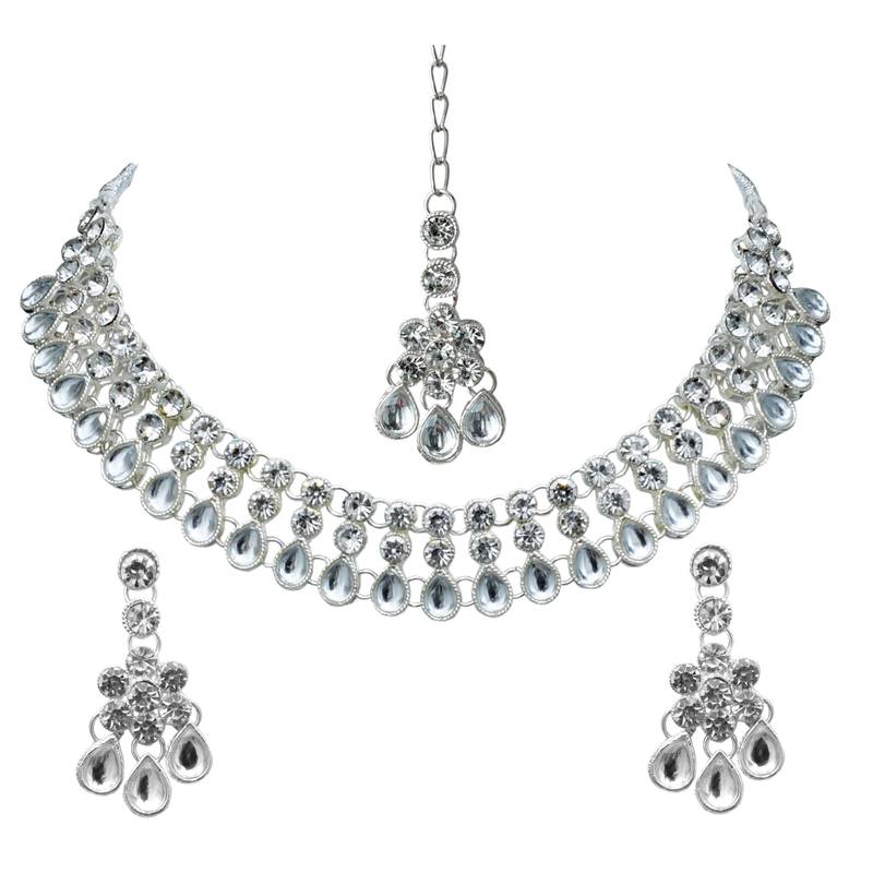 White color necklace set with earrings & maang tikka | kundan & agate stone | silver plating