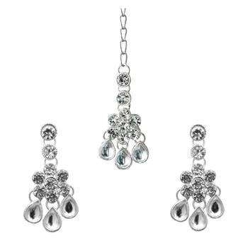 White color necklace set with earrings & maang tikka | kundan & agate stone | silver plating 3