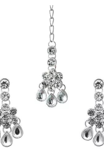 White color necklace set with earrings & maang tikka | kundan & agate stone | silver plating