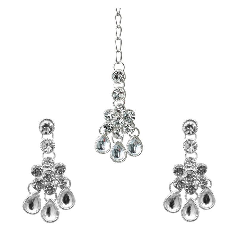 White color necklace set with earrings & maang tikka | kundan & agate stone | silver plating