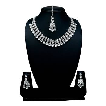 White color necklace set with earrings & maang tikka | kundan & agate stone | silver plating 1