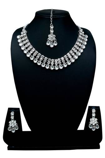 White color necklace set with earrings & maang tikka | kundan & agate stone | silver plating