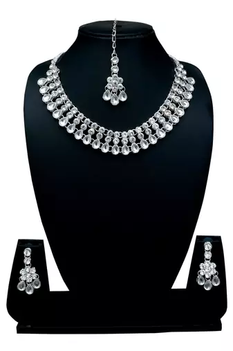 White color necklace set with earrings & maang tikka | kundan & agate stone | silver plating