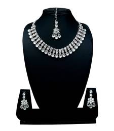 White color necklace set with earrings & maang tikka | kundan & agate stone | silver plating