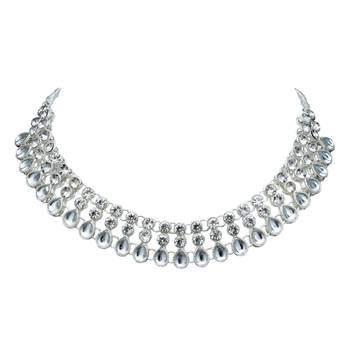 White color necklace set with earrings & maang tikka | kundan & agate stone | silver plating 4