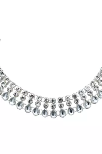White color necklace set with earrings & maang tikka | kundan & agate stone | silver plating