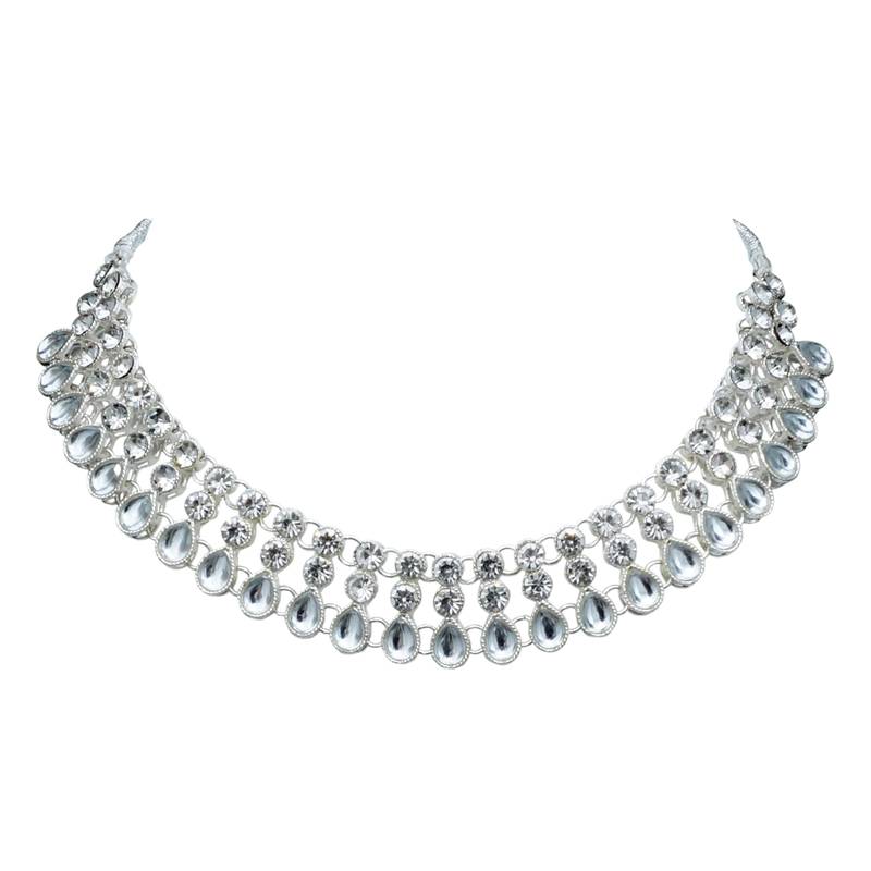 White color necklace set with earrings & maang tikka | kundan & agate stone | silver plating
