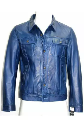 Men's blue genuine leather button style jacket urban fashion