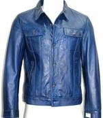 Men's blue genuine leather button style jacket urban fashion