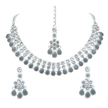 Grey color necklace set with earrings & maang tikka | kundan & agate stone | silver plating 2