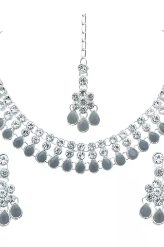 Grey color necklace set with earrings & maang tikka | kundan & agate stone | silver plating