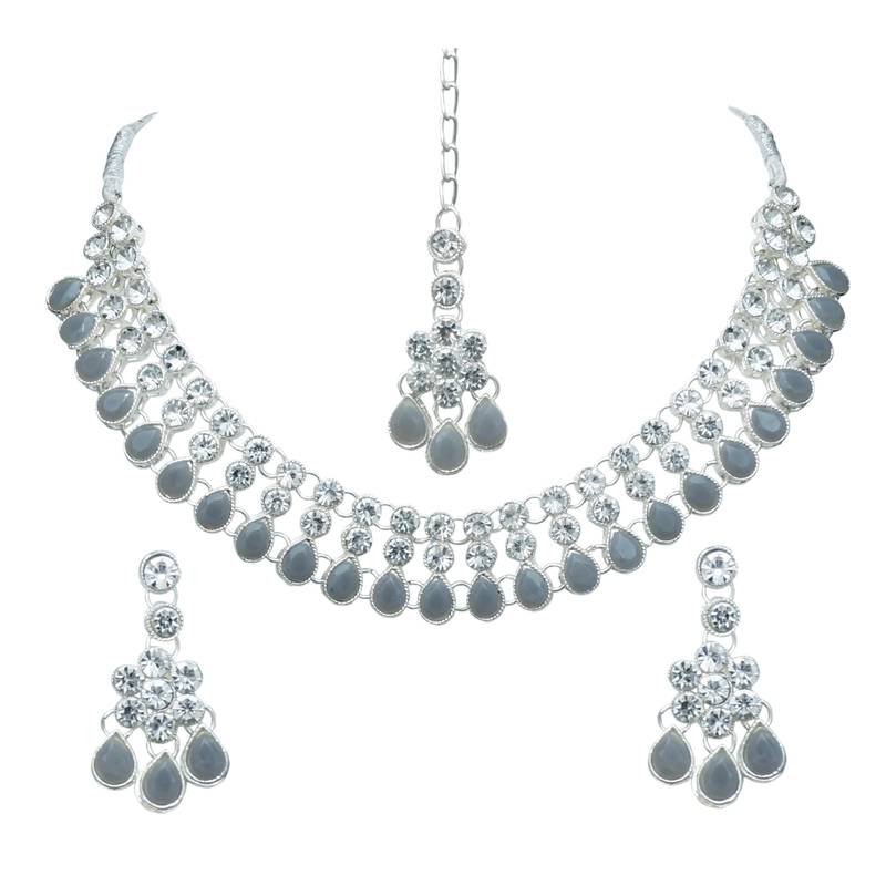 Grey color necklace set with earrings & maang tikka | kundan & agate stone | silver plating