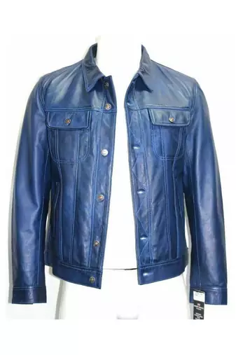 Men's blue genuine leather button style jacket urban fashion