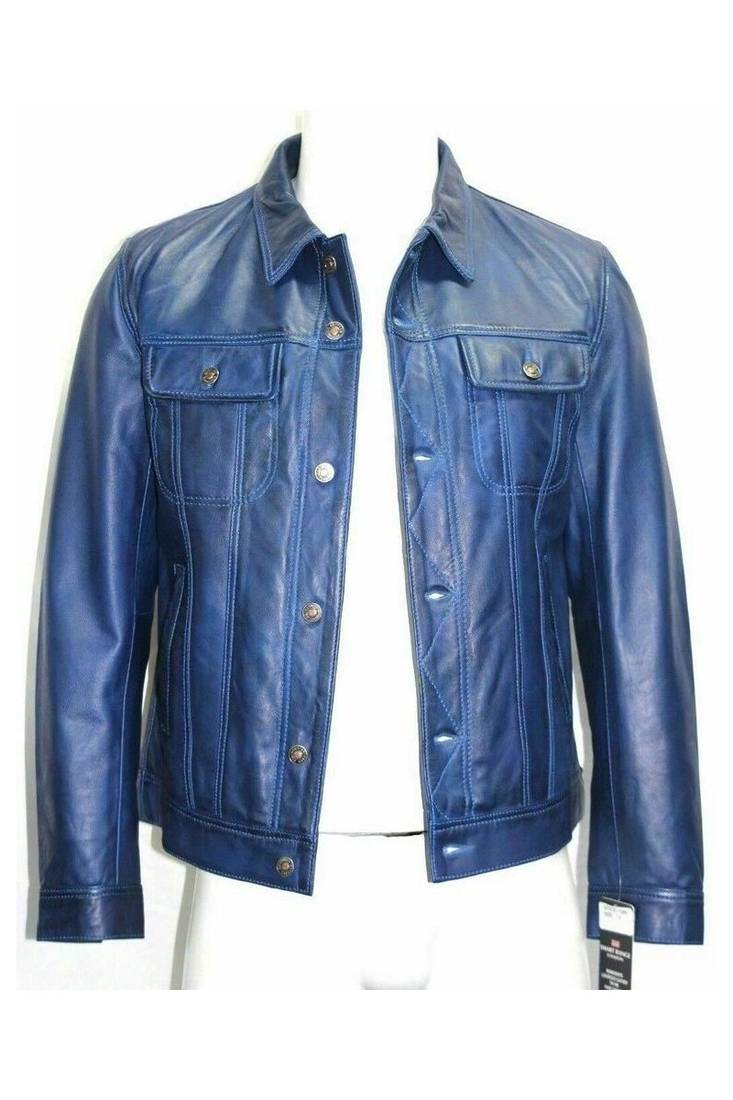 Men's blue genuine leather button style jacket urban fashion