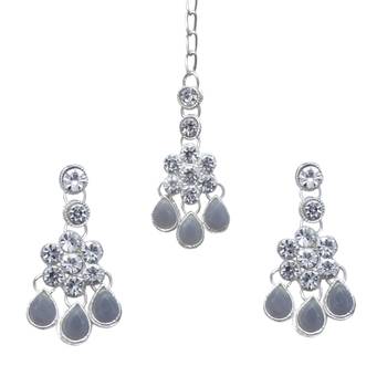 Grey color necklace set with earrings & maang tikka | kundan & agate stone | silver plating 3