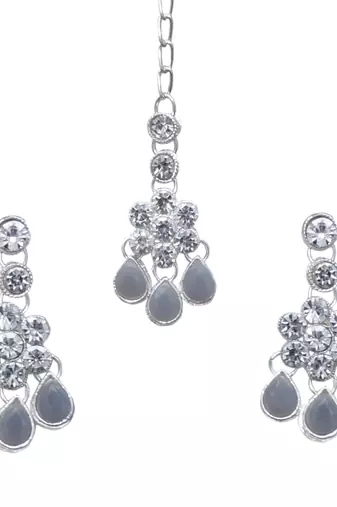 Grey color necklace set with earrings & maang tikka | kundan & agate stone | silver plating