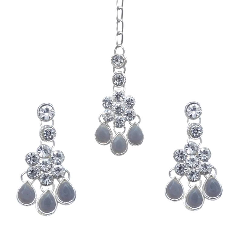 Grey color necklace set with earrings & maang tikka | kundan & agate stone | silver plating