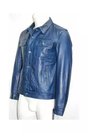 Men's blue genuine leather button style jacket urban fashion
