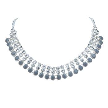 Grey color necklace set with earrings & maang tikka | kundan & agate stone | silver plating 4