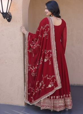 Maroon zari embroidered blooming gown with dupatta 3