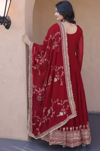 Maroon zari embroidered blooming gown with dupatta