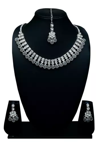 Grey color necklace set with earrings & maang tikka | kundan & agate stone | silver plating