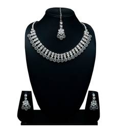 Grey color necklace set with earrings & maang tikka | kundan & agate stone | silver plating