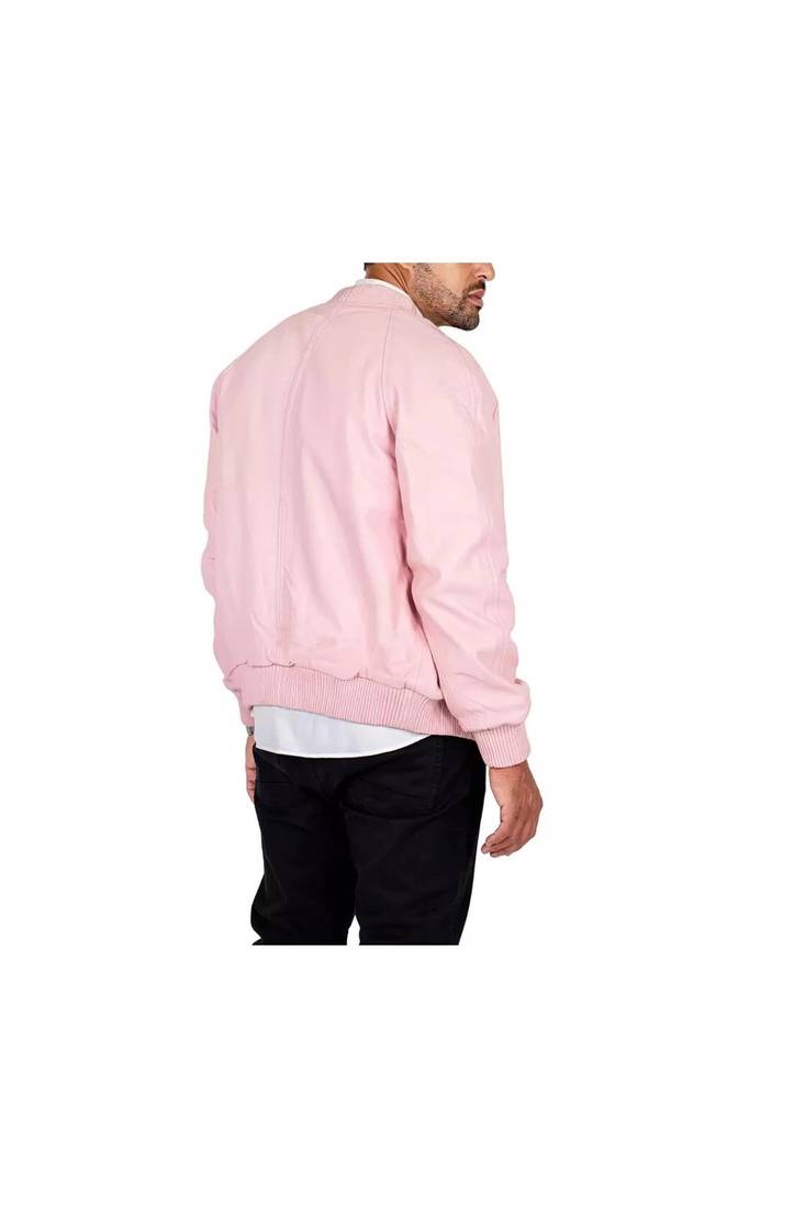 Men's pink genuine leather bomber jacket daily wear