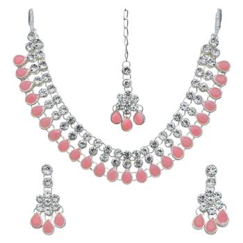 Pink color necklace set with earrings & maang tikka | kundan & agate stone | silver plating 1