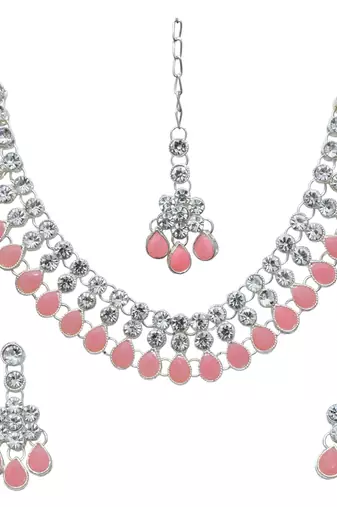 Pink color necklace set with earrings & maang tikka | kundan & agate stone | silver plating