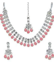 Pink color necklace set with earrings & maang tikka | kundan & agate stone | silver plating