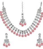 Pink color necklace set with earrings & maang tikka | kundan & agate stone | silver plating