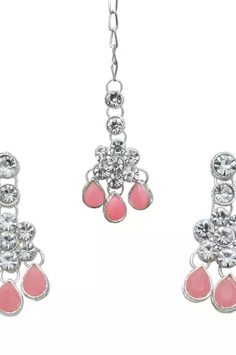 Pink color necklace set with earrings & maang tikka | kundan & agate stone | silver plating
