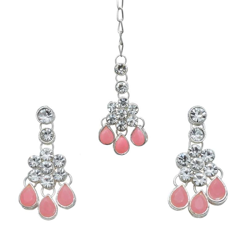 Pink color necklace set with earrings & maang tikka | kundan & agate stone | silver plating
