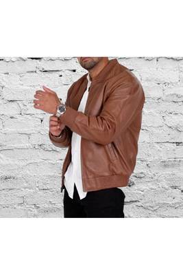 Men's brown genuine leather biker jacket signature look 1