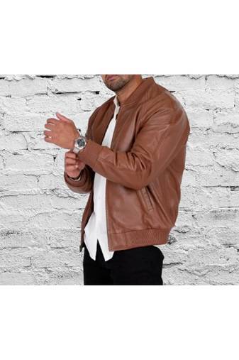 Men's brown genuine leather biker jacket signature look