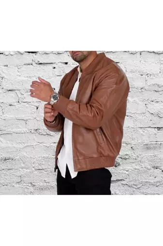 Men's brown genuine leather biker jacket signature look