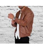 Men's brown genuine leather biker jacket signature look