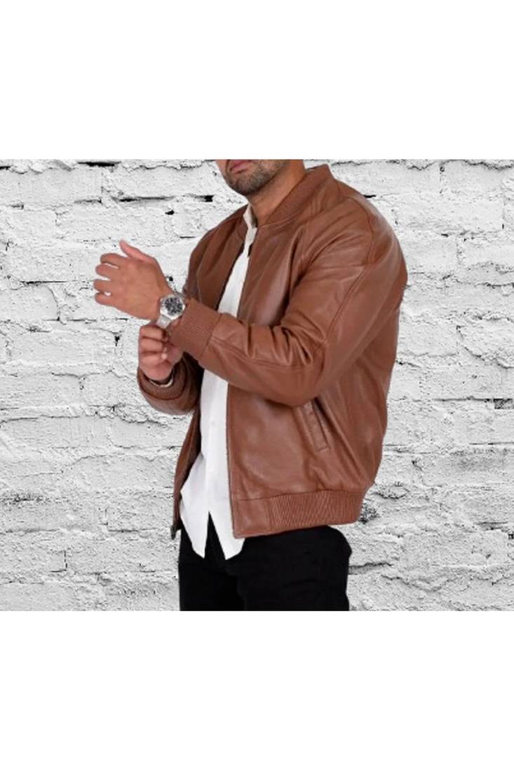 Men's brown genuine leather biker jacket signature look