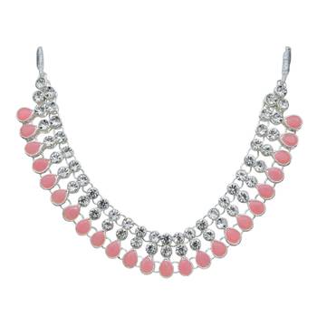 Pink color necklace set with earrings & maang tikka | kundan & agate stone | silver plating 4