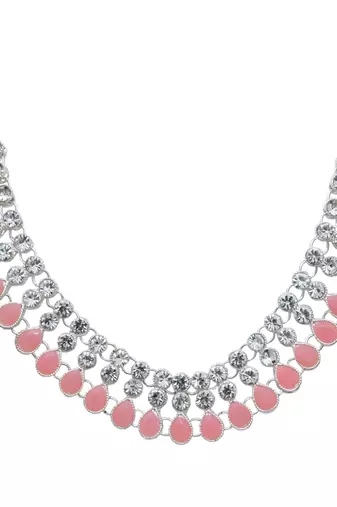 Pink color necklace set with earrings & maang tikka | kundan & agate stone | silver plating