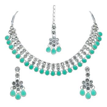 Pista color necklace set with earrings & maang tikka | kundan & agate stone | silver plating 1