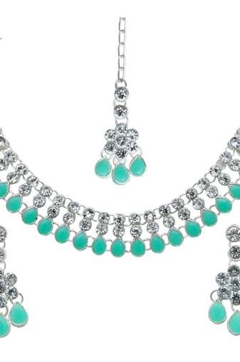 Pista color necklace set with earrings & maang tikka | kundan & agate stone | silver plating