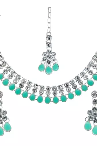 Pista color necklace set with earrings & maang tikka | kundan & agate stone | silver plating