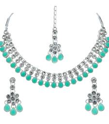 Pista color necklace set with earrings & maang tikka | kundan & agate stone | silver plating