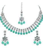 Pista color necklace set with earrings & maang tikka | kundan & agate stone | silver plating