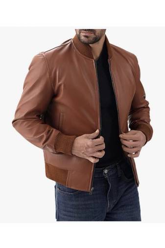 Men's cafe racer tan leather jacket classic design