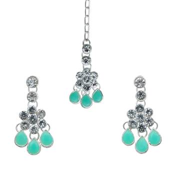 Pista color necklace set with earrings & maang tikka | kundan & agate stone | silver plating 2