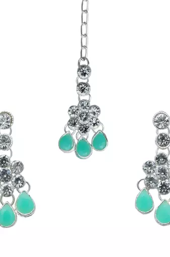 Pista color necklace set with earrings & maang tikka | kundan & agate stone | silver plating