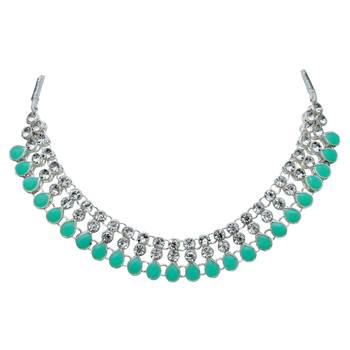 Pista color necklace set with earrings & maang tikka | kundan & agate stone | silver plating 3